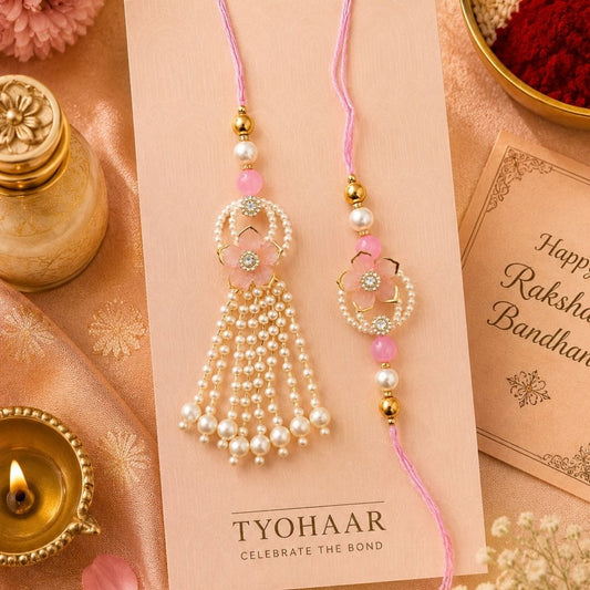 Tyohaar Pink Flower Rakhi and Lumba set for Bhaiya Bhabhi