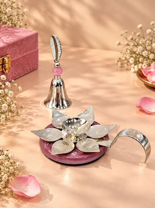 Tyohaar Lotus Diya and Ghanti Set (Resin and German Silver)