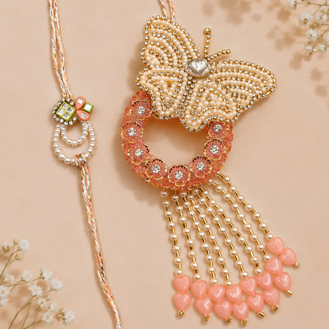Butterfly Peach Handwork Pearl Rakhi and Lumba Set For Bhaiya and Bhabhi