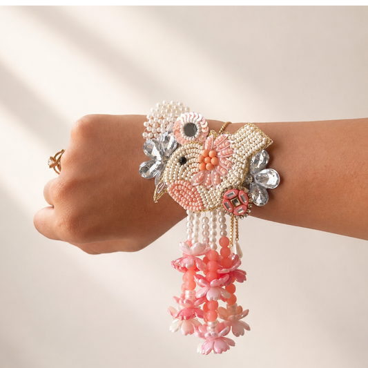 Peach Bird Handwork Lumba Rakhi For Bhabhi and Girls