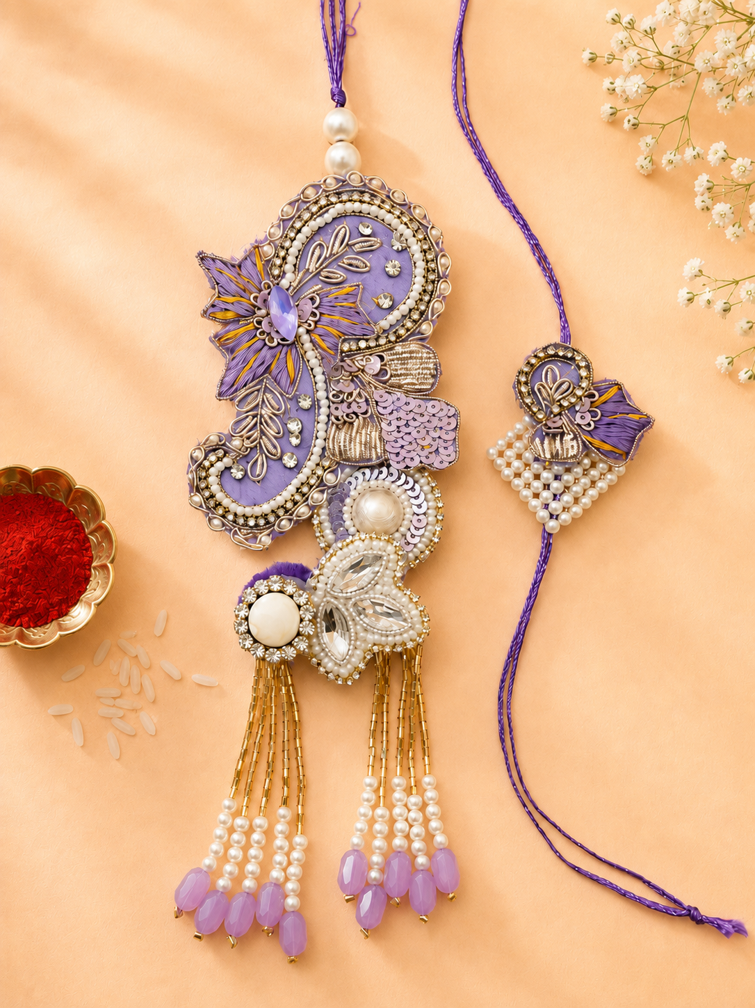 Tyohaar Purple Exclusive Handwork Rakhi and Lumba Set for Bhaiya and Bhabhi (Extra Large)