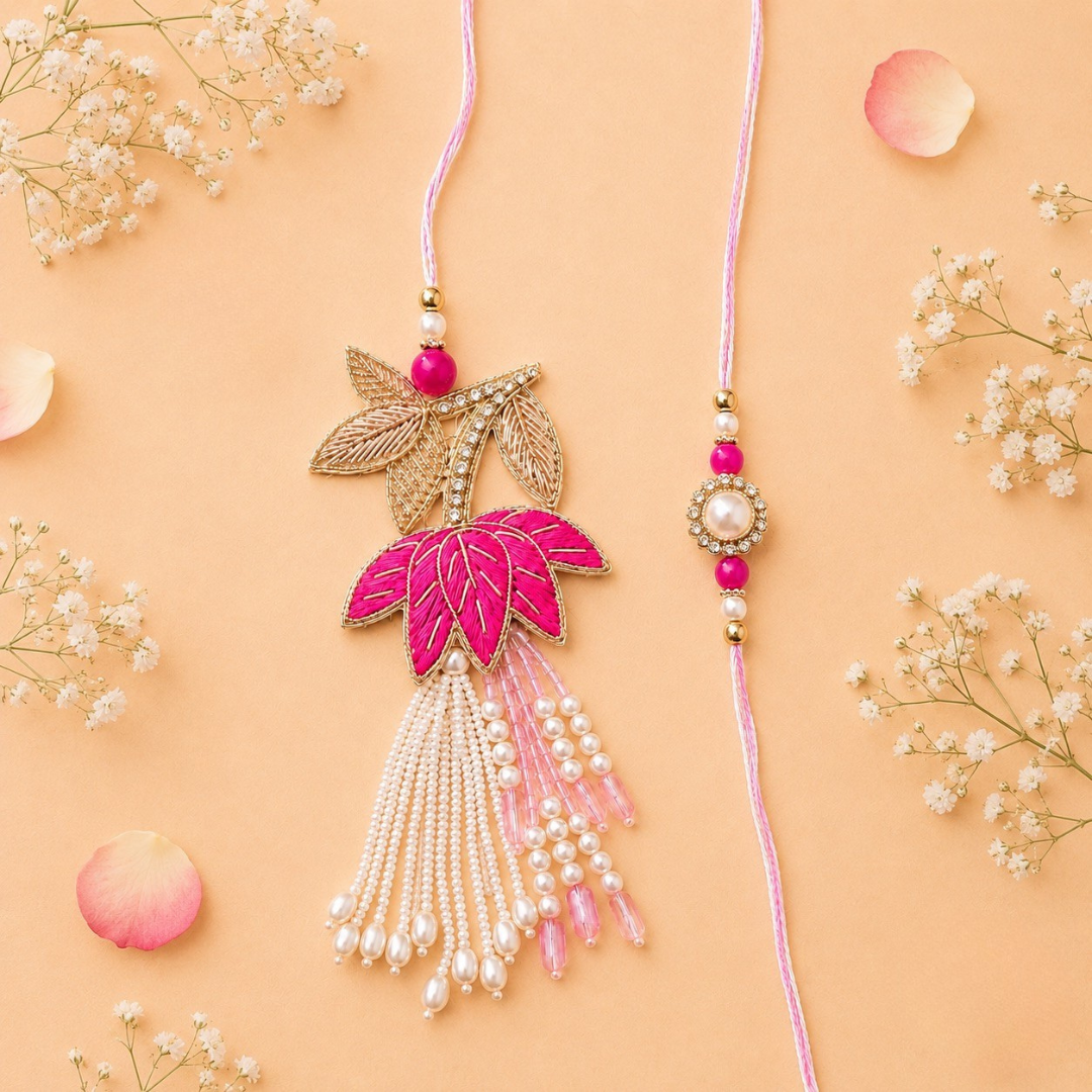 Lotus Handwork Zardosi Rakhi and Lumba Set for Bhaiya and Bhabhi