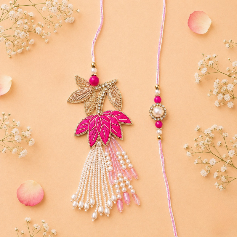 Lotus Handwork Zardosi Rakhi and Lumba Set for Bhaiya and Bhabhi