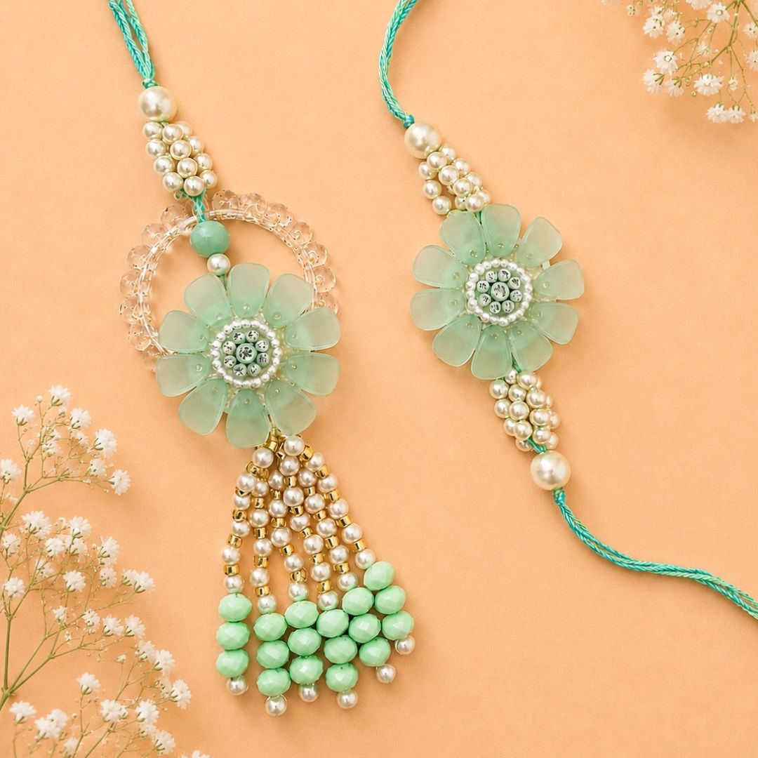 Pastel Flower Rakhi and Lumba Set For Bhaiya and Bhabhi