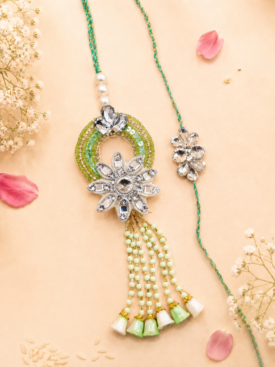 Mint Green Diamond Flower Handwork Rakhi and Lumba Set For Bhahiya and Bhabhi
