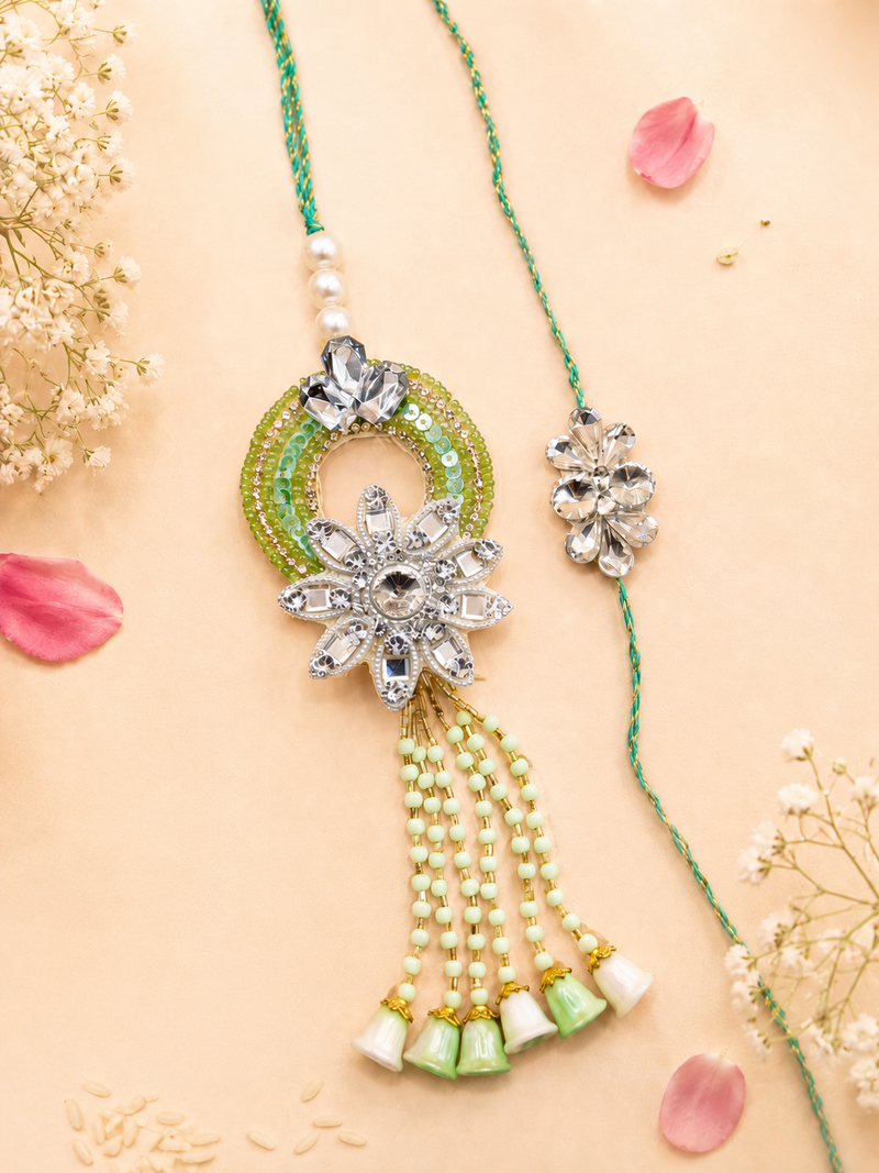 Mint Green Diamond Flower Handwork Rakhi and Lumba Set For Bhaiya and Bhabhi