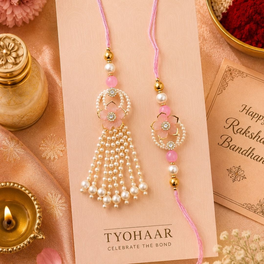 Tyohaar Pink Flower Rakhi and Lumba set for Bhaiya Bhabhi