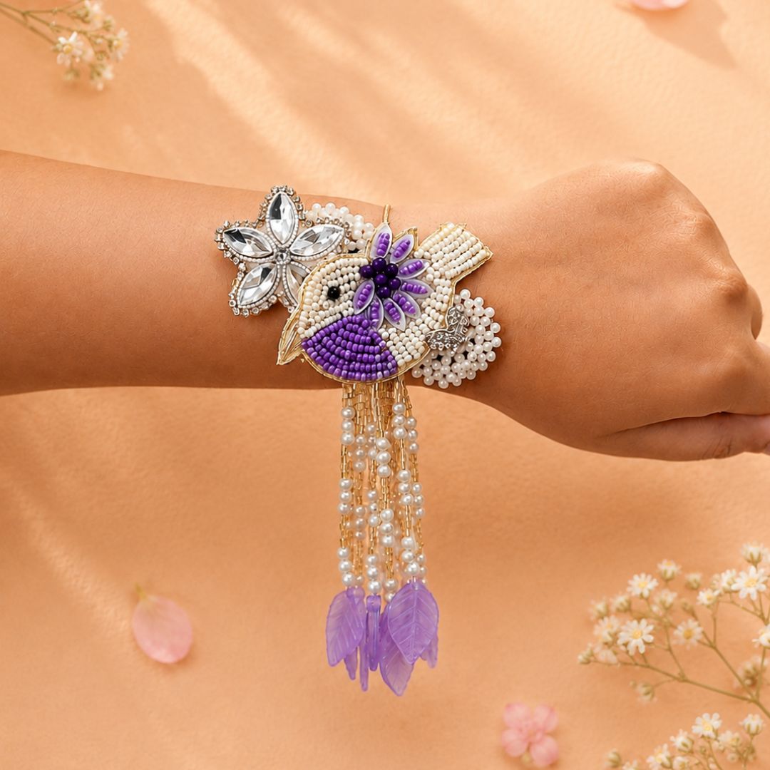 Purple Bird Handwork Lumba Rakhi For Bhabhi and Girls