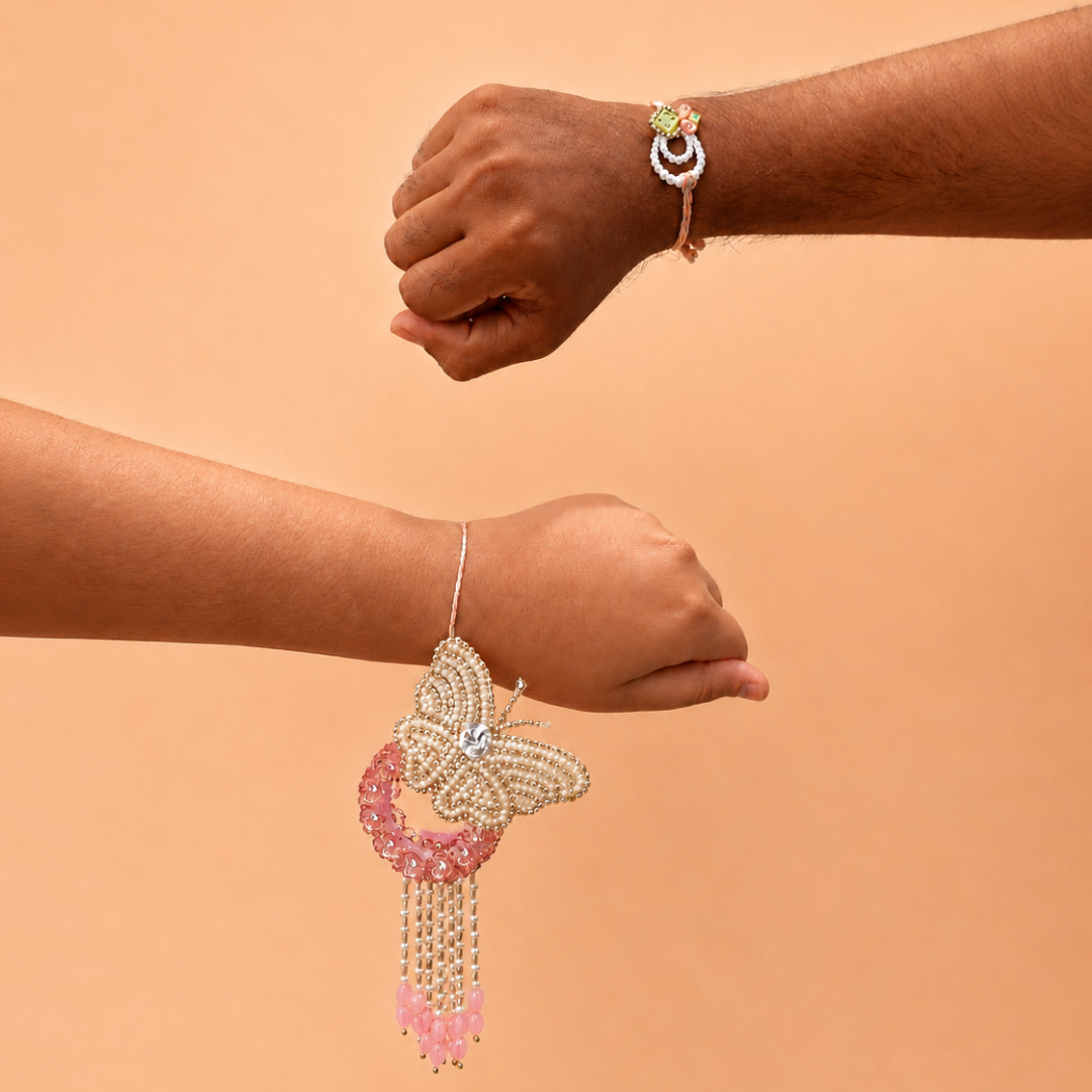 Butterfly Peach Handwork Pearl Rakhi and Lumba Set For Bhaiya and Bhabhi