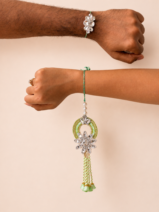 Mint Green Diamond Flower Handwork Rakhi and Lumba Set For Bhaiya and Bhabhi