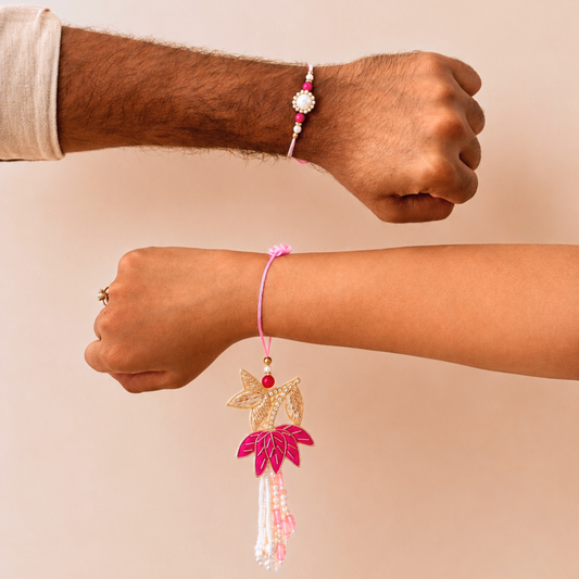 Lotus Handwork Zardosi Rakhi and Lumba Set for Bhaiya and Bhabhi