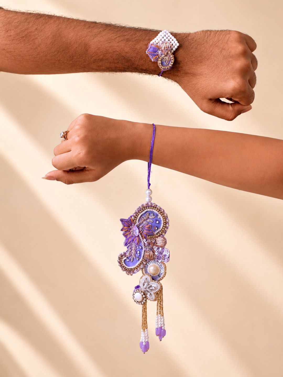 Tyohaar Purple Exclusive Handwork Rakhi and Lumba Set for Bhaiya and Bhabhi (Extra Large)