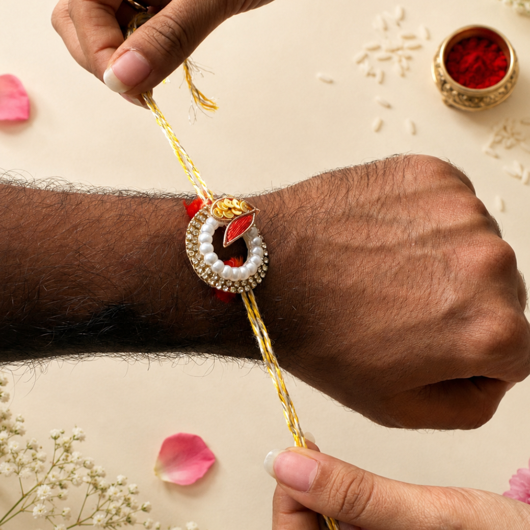 Sunshine Orange and Yellow Handwork Rakhi and Lumba Set For Bhaiya and Bhabhi