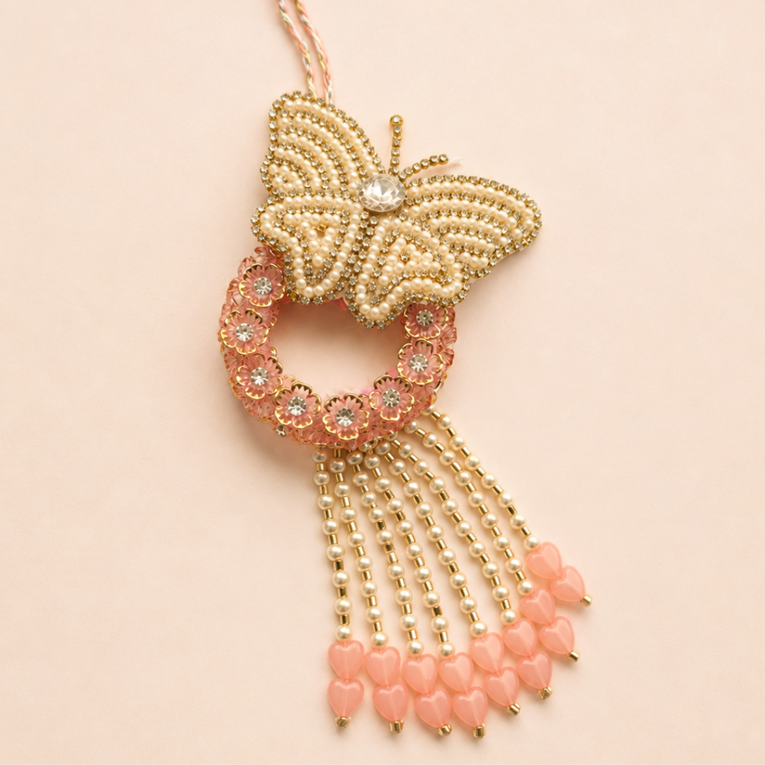 Butterfly Peach Handwork Pearl Rakhi and Lumba Set For Bhaiya and Bhabhi