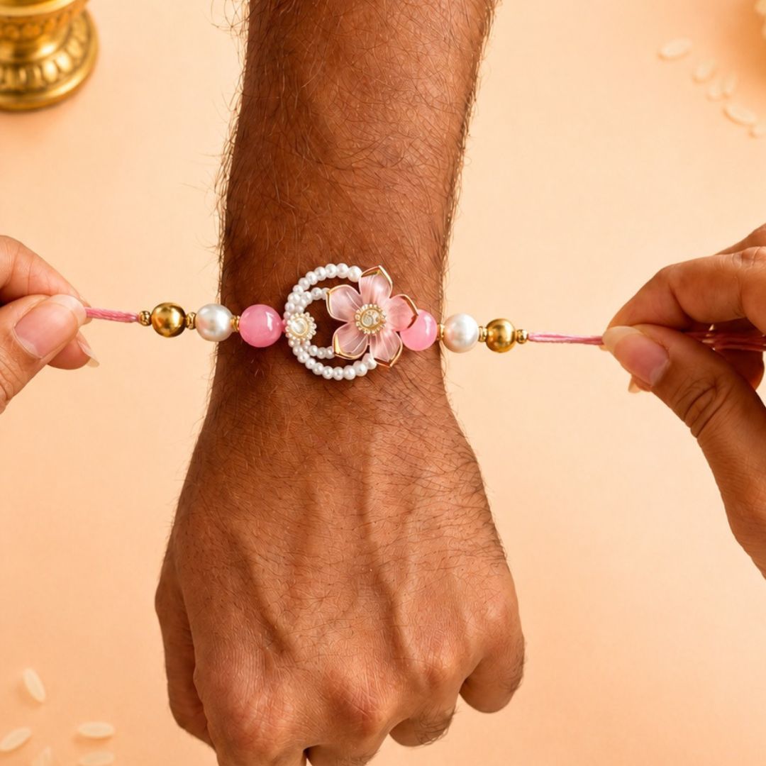 Tyohaar Pink Flower Rakhi and Lumba set for Bhaiya Bhabhi