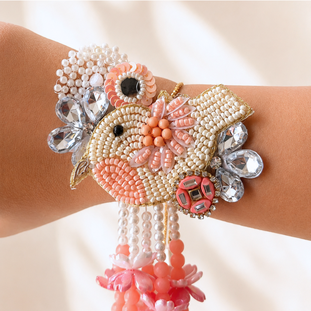 Peach Bird Handwork Lumba Rakhi For Bhabhi and Girls