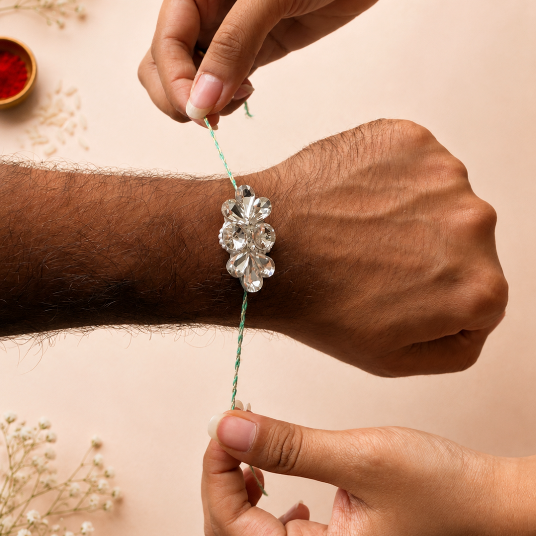 Mint Green Diamond Flower Handwork Rakhi and Lumba Set For Bhahiya and Bhabhi