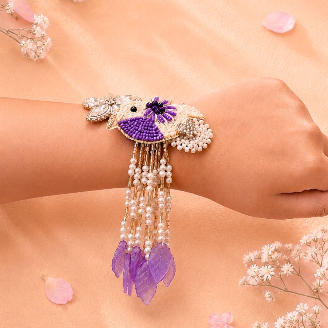 Purple Bird Handwork Lumba Rakhi For Bhabhi and Girls