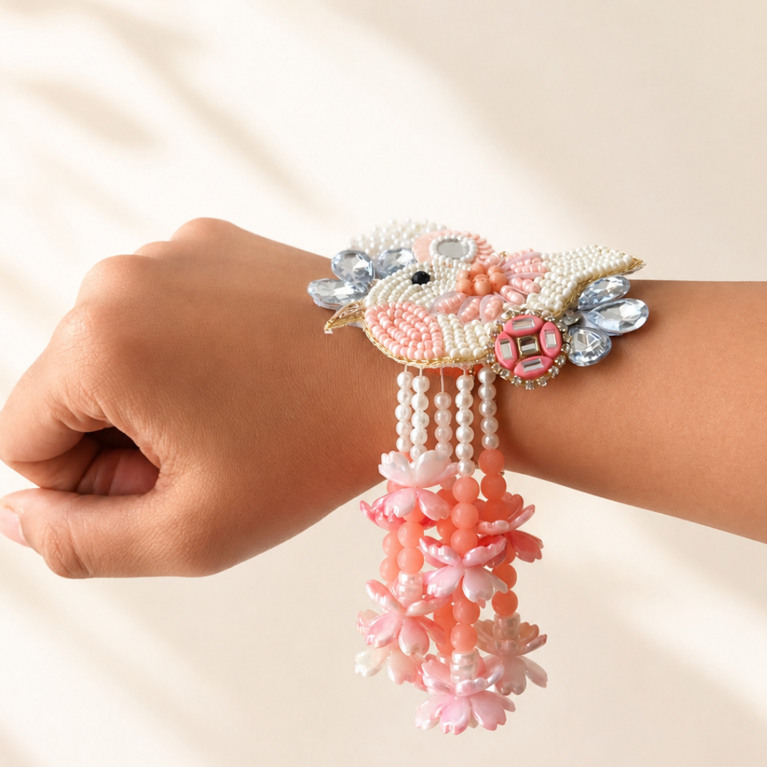 Peach Bird Handwork Lumba Rakhi For Bhabhi and Girls