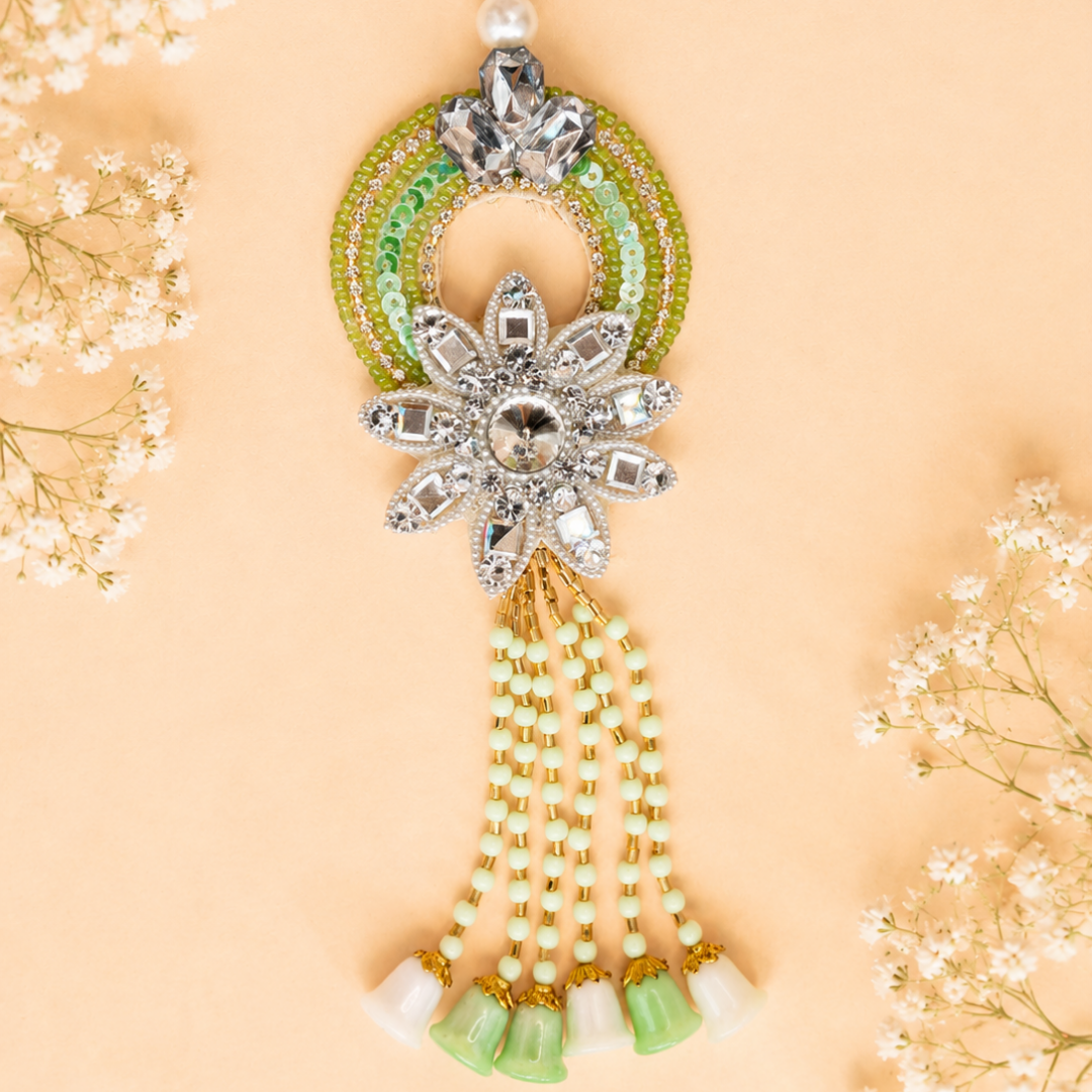 Mint Green Diamond Flower Handwork Rakhi and Lumba Set For Bhahiya and Bhabhi