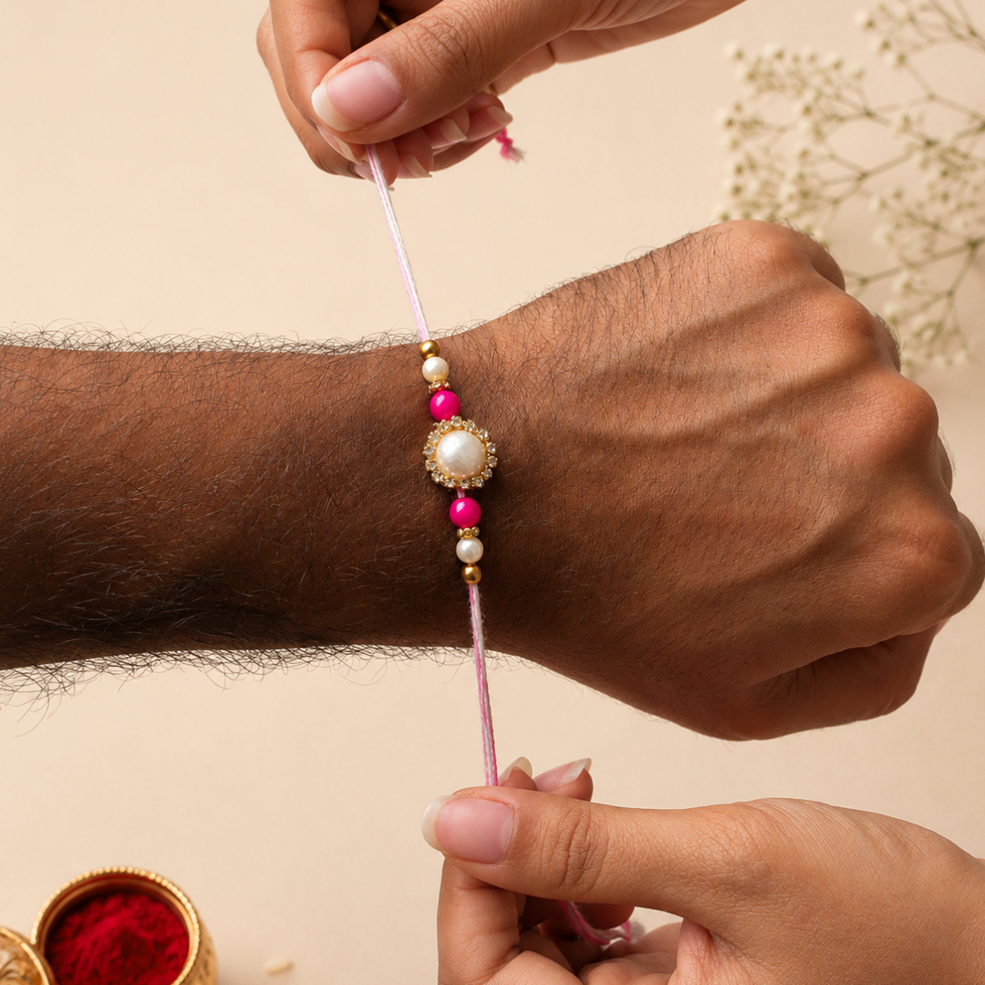 Lotus Handwork Zardosi Rakhi and Lumba Set for Bhaiya and Bhabhi