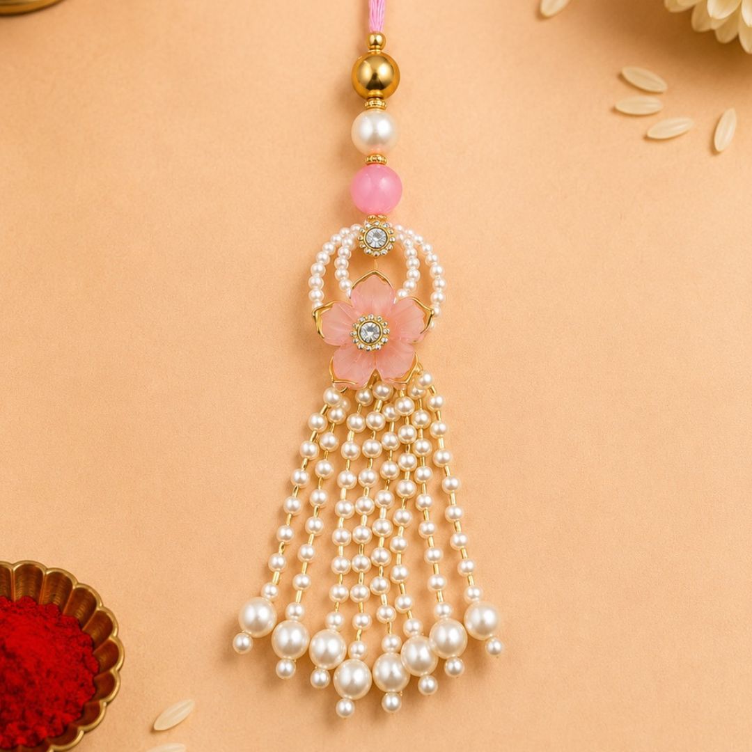 Tyohaar Pink Flower Rakhi and Lumba set for Bhaiya Bhabhi
