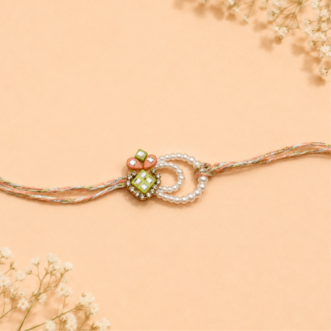 Butterfly Peach Handwork Pearl Rakhi and Lumba Set For Bhaiya and Bhabhi