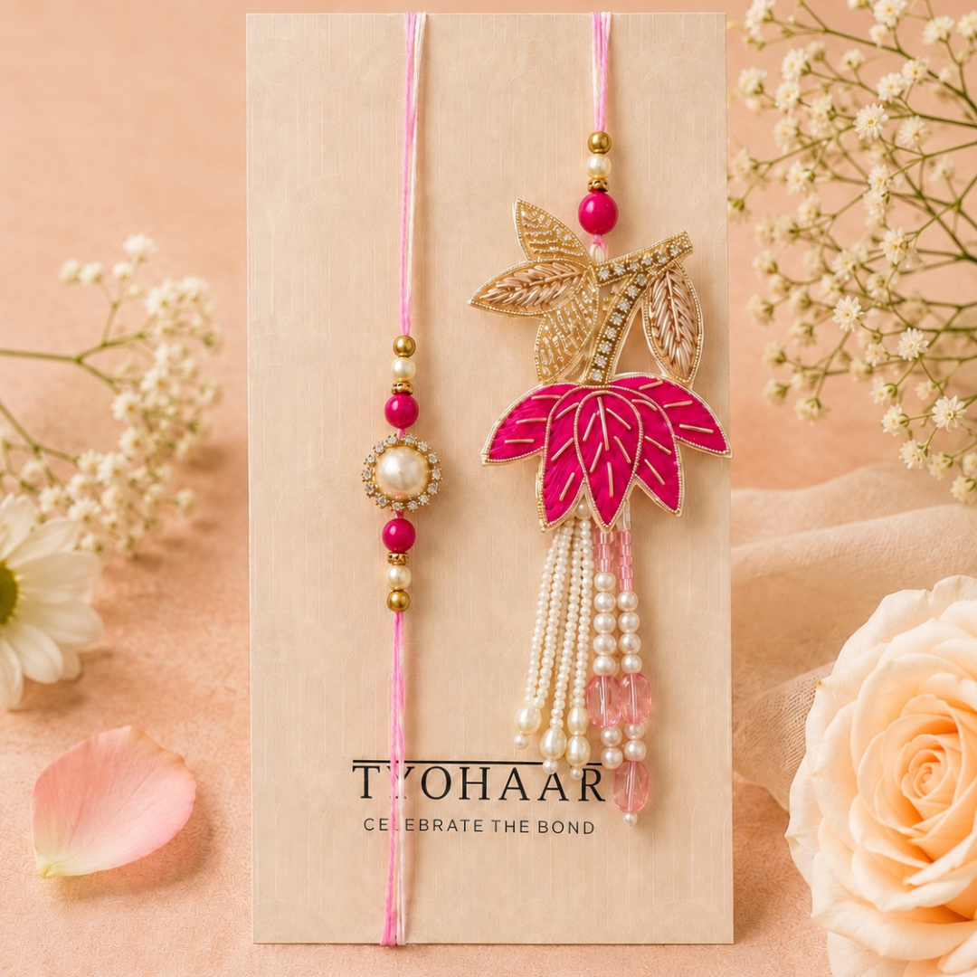 Lotus Handwork Zardosi Rakhi and Lumba Set for Bhaiya and Bhabhi
