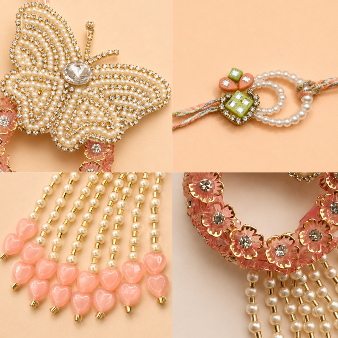 Butterfly Peach Handwork Pearl Rakhi and Lumba Set For Bhaiya and Bhabhi