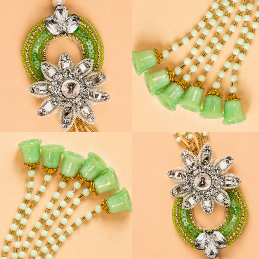 Mint Green Diamond Flower Handwork Rakhi and Lumba Set For Bhahiya and Bhabhi