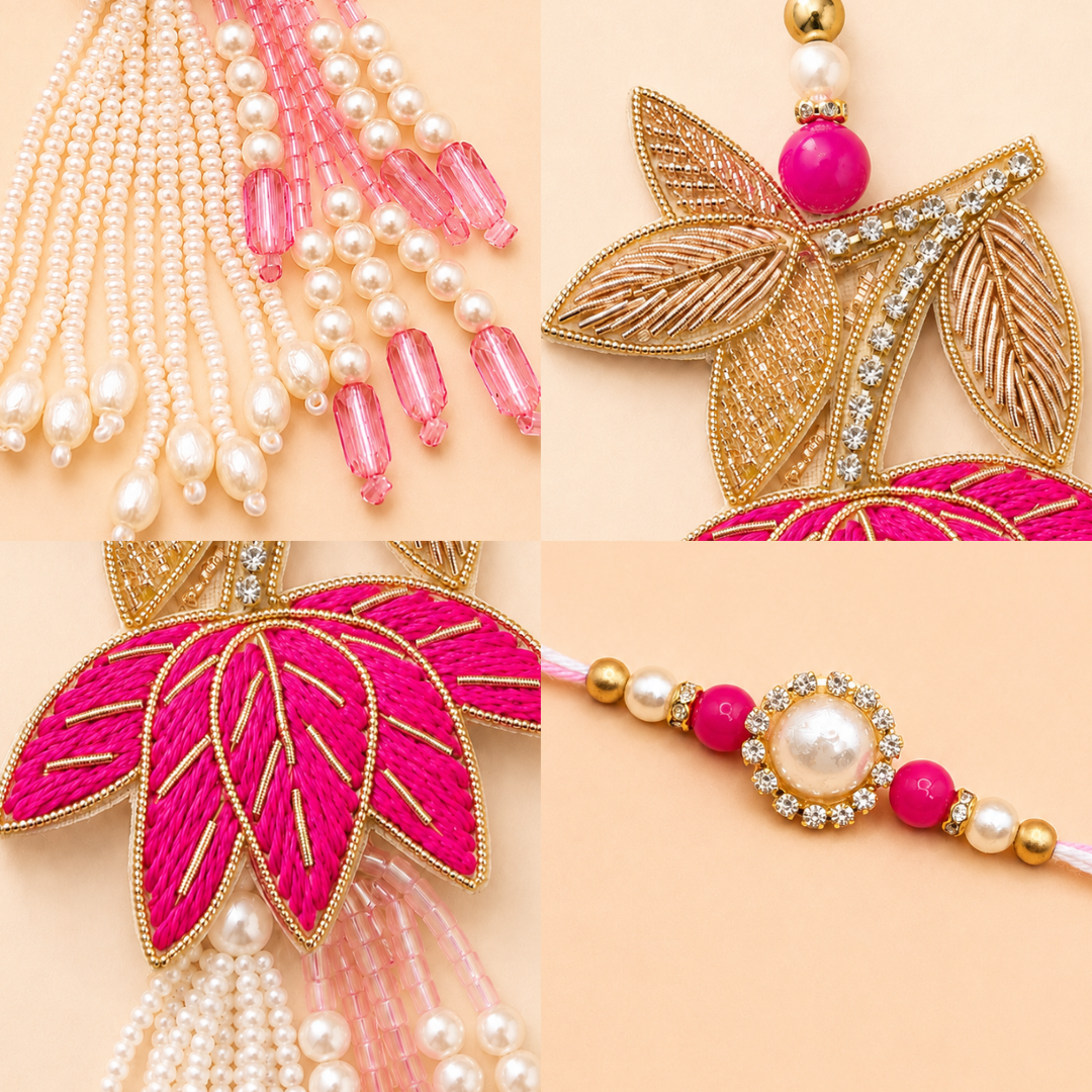 Lotus Handwork Zardosi Rakhi and Lumba Set for Bhaiya and Bhabhi
