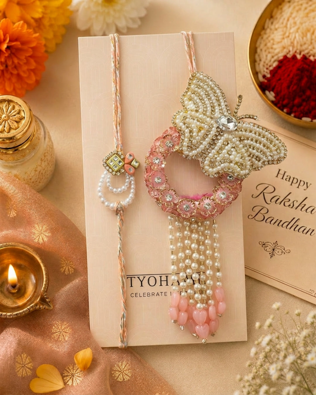 Butterfly Peach Handwork Pearl Rakhi and Lumba Set For Bhaiya and Bhabhi