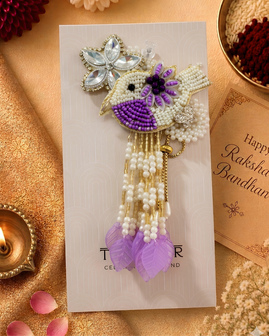 Purple Bird Handwork Lumba Rakhi For Bhabhi and Girls