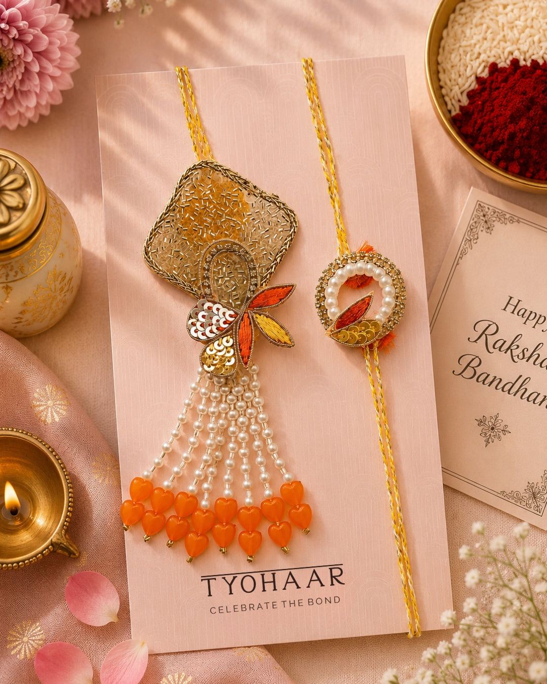 Sunshine Orange and Yellow Handwork Rakhi and Lumba Set For Bhahiya and Bhabhi