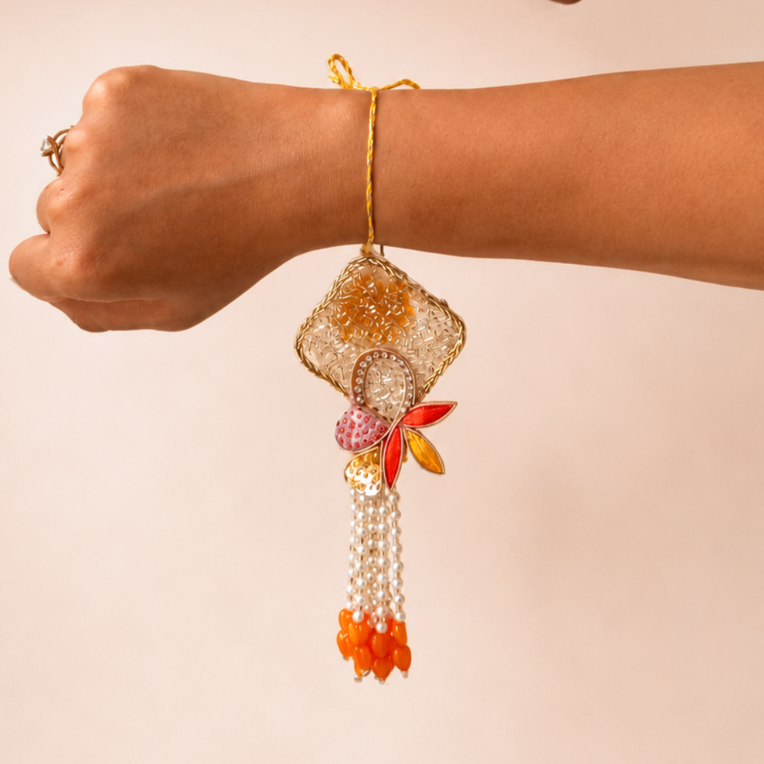 Sunshine Orange and Yellow Handwork Rakhi and Lumba Set For Bhaiya and Bhabhi