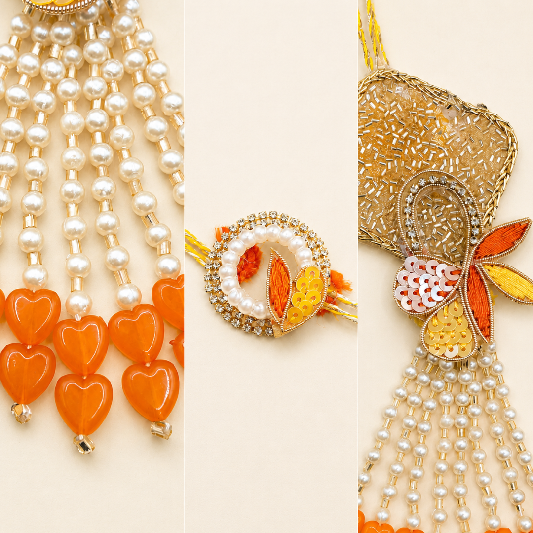 Sunshine Orange and Yellow Handwork Rakhi and Lumba Set For Bhaiya and Bhabhi