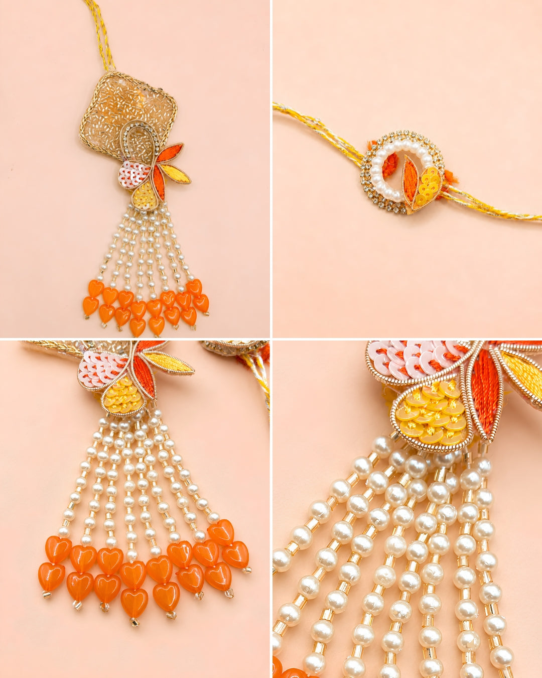 Sunshine Orange and Yellow Handwork Rakhi and Lumba Set For Bhahiya and Bhabhi