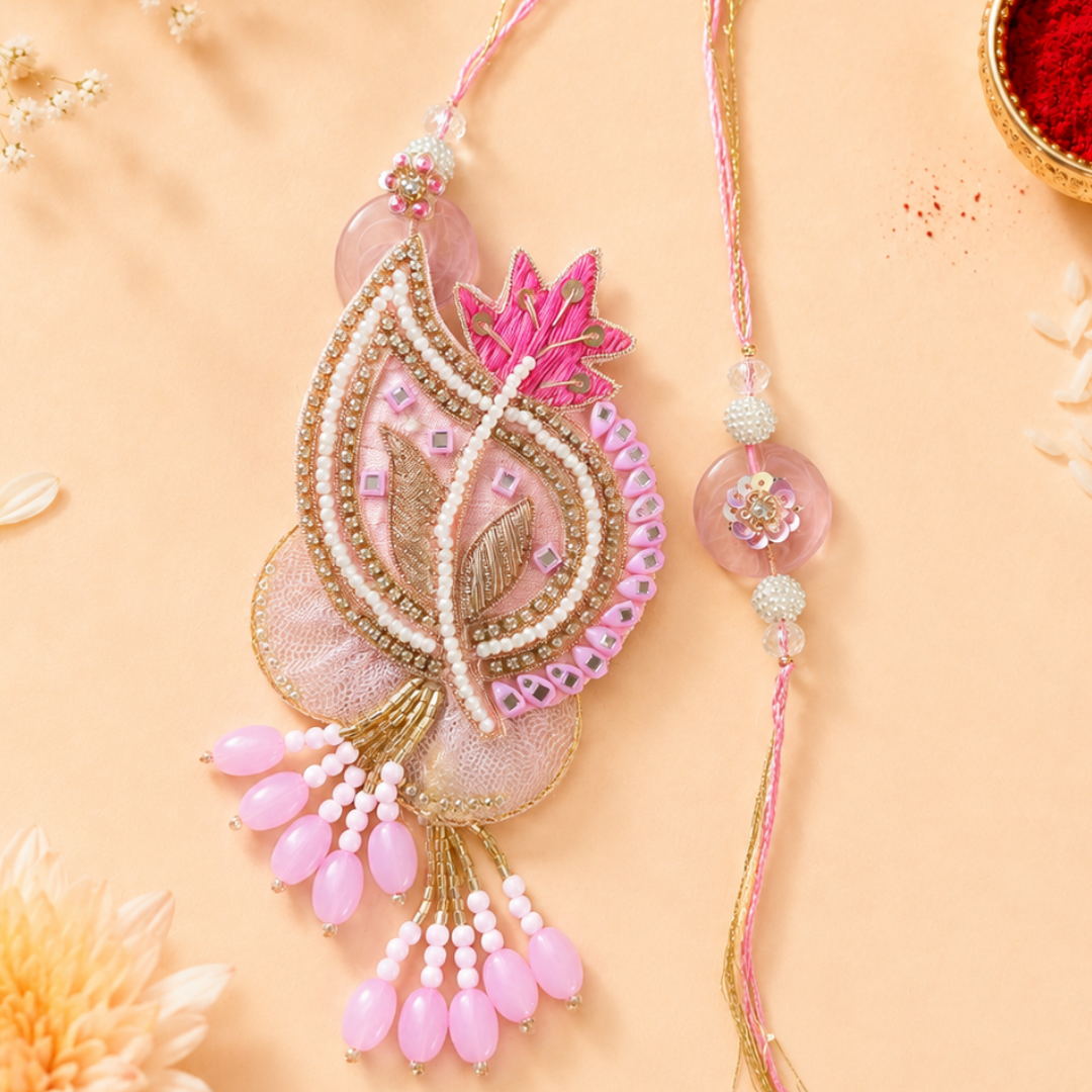 Pink Petal Handwork Pearl Rakhi and Lumba Set for Bhaiya and Bhabhi