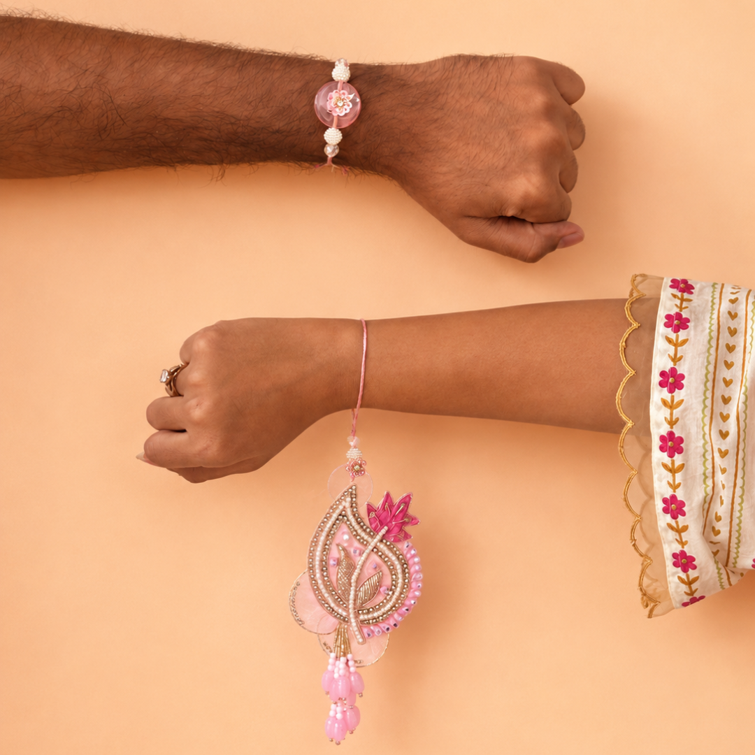 Pink Petal Handwork Pearl Rakhi and Lumba Set for Bhaiya and Bhabhi