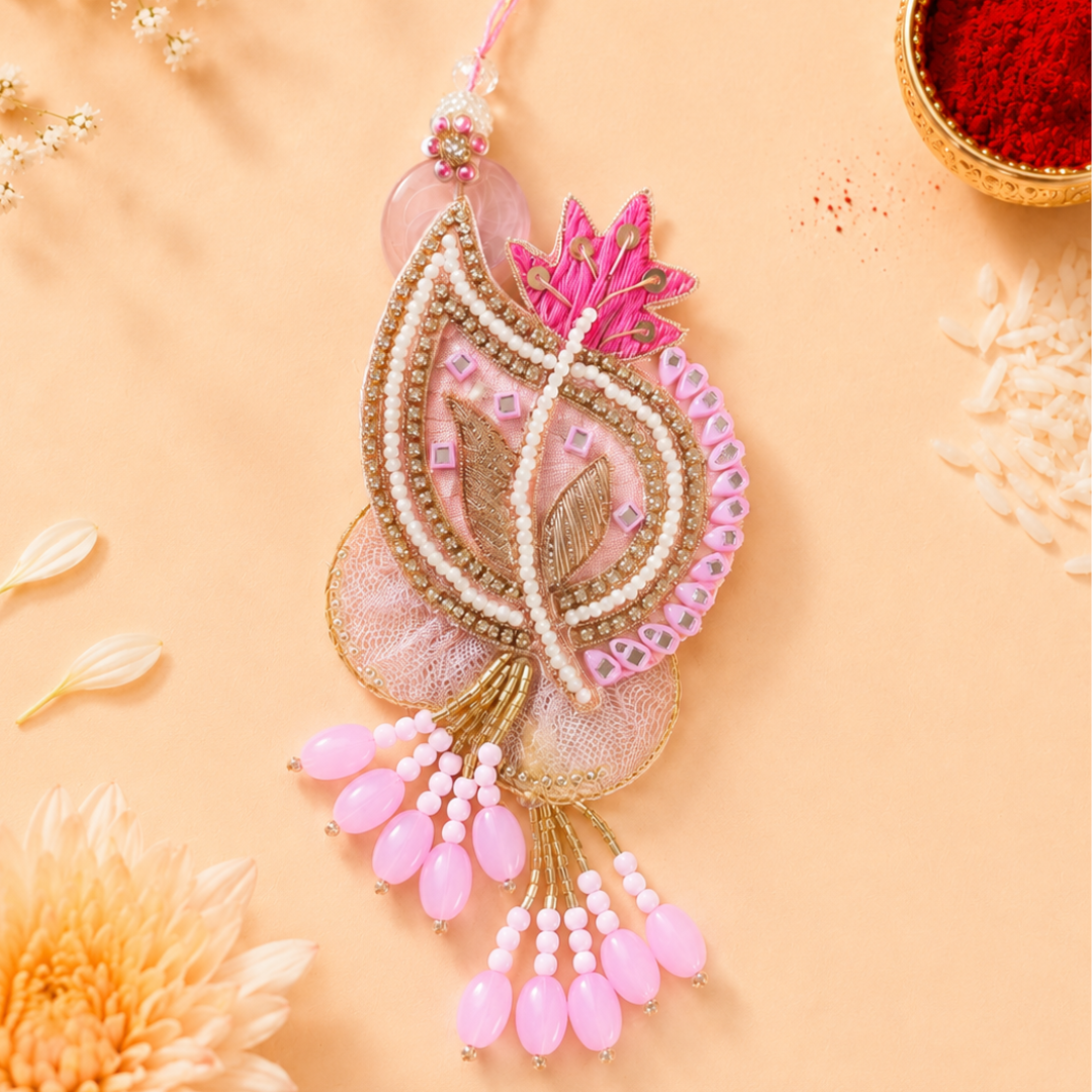 Pink Petal Handwork Pearl Rakhi and Lumba Set for Bhaiya and Bhabhi