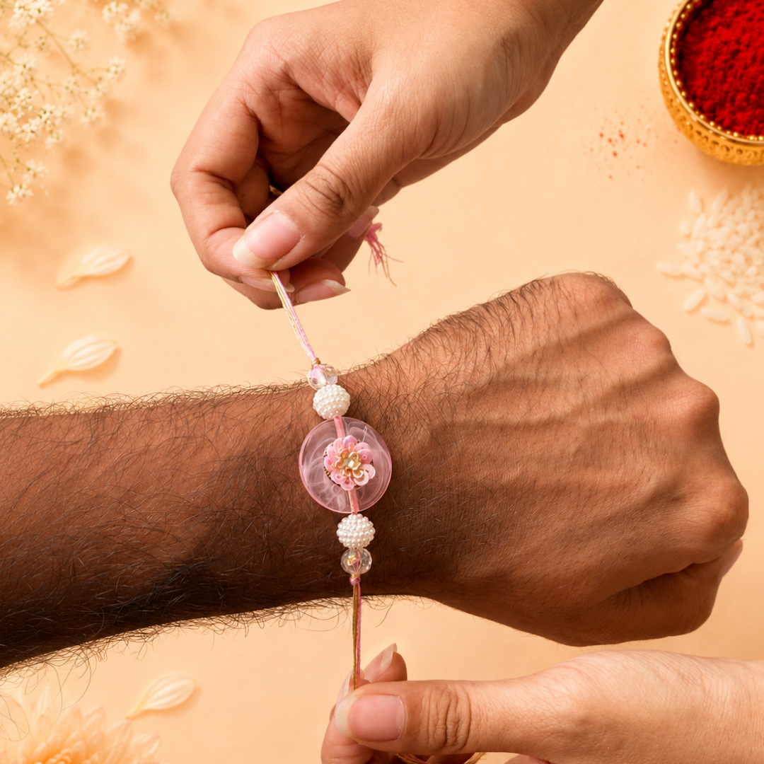 Pink Petal Handwork Pearl Rakhi and Lumba Set for Bhaiya and Bhabhi