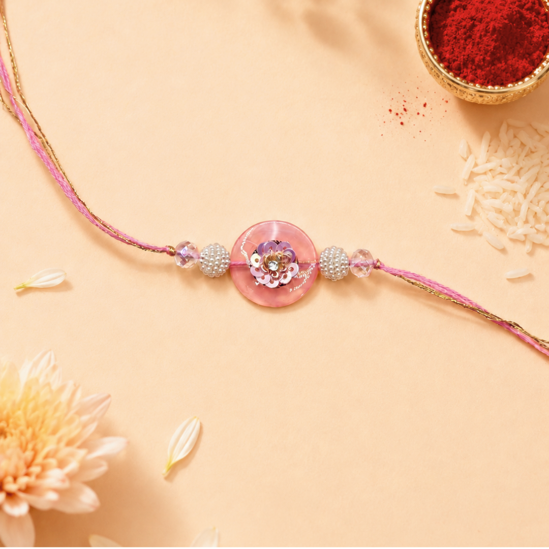 Pink Petal Handwork Pearl Rakhi and Lumba Set for Bhaiya and Bhabhi