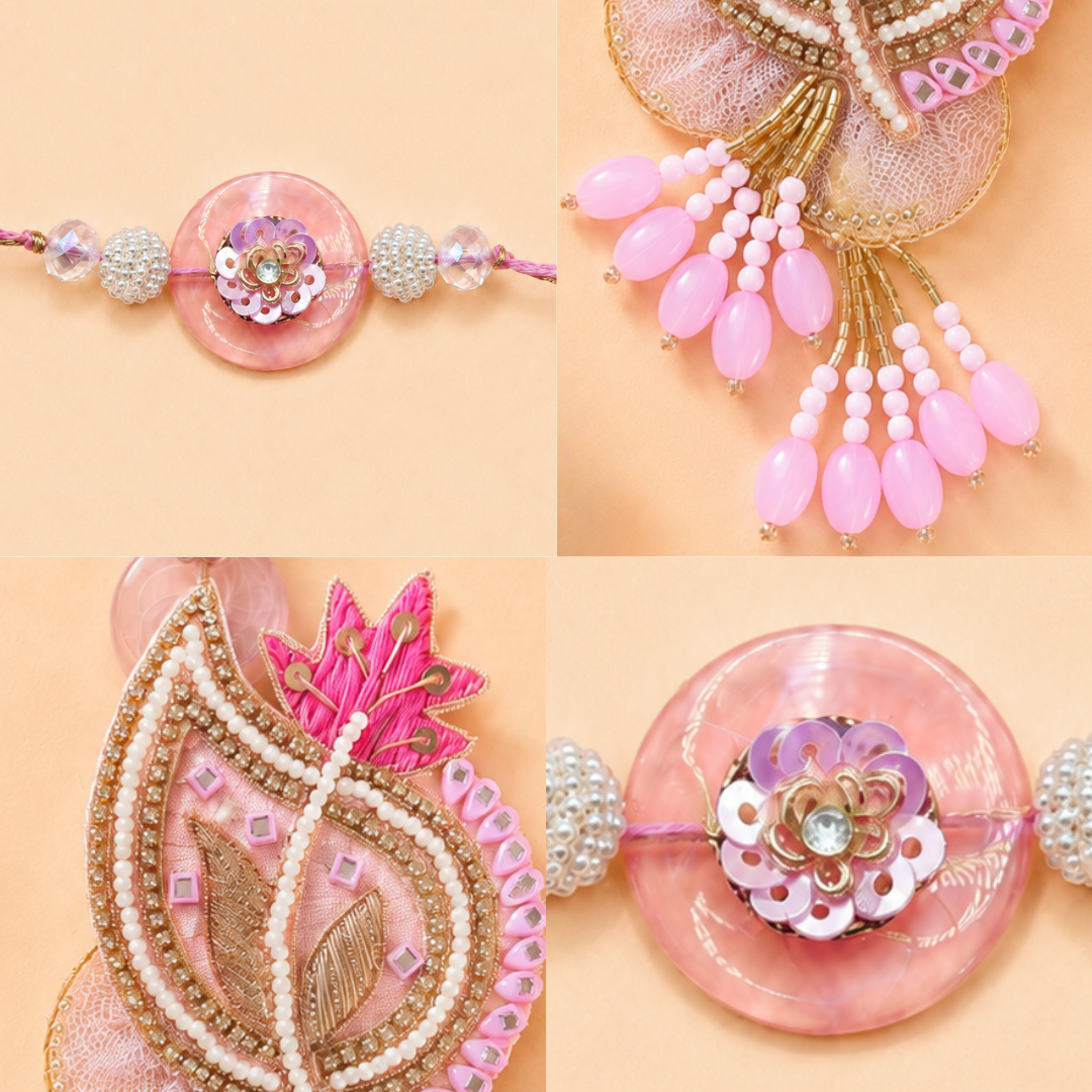 Pink Petal Handwork Pearl Rakhi and Lumba Set for Bhaiya and Bhabhi
