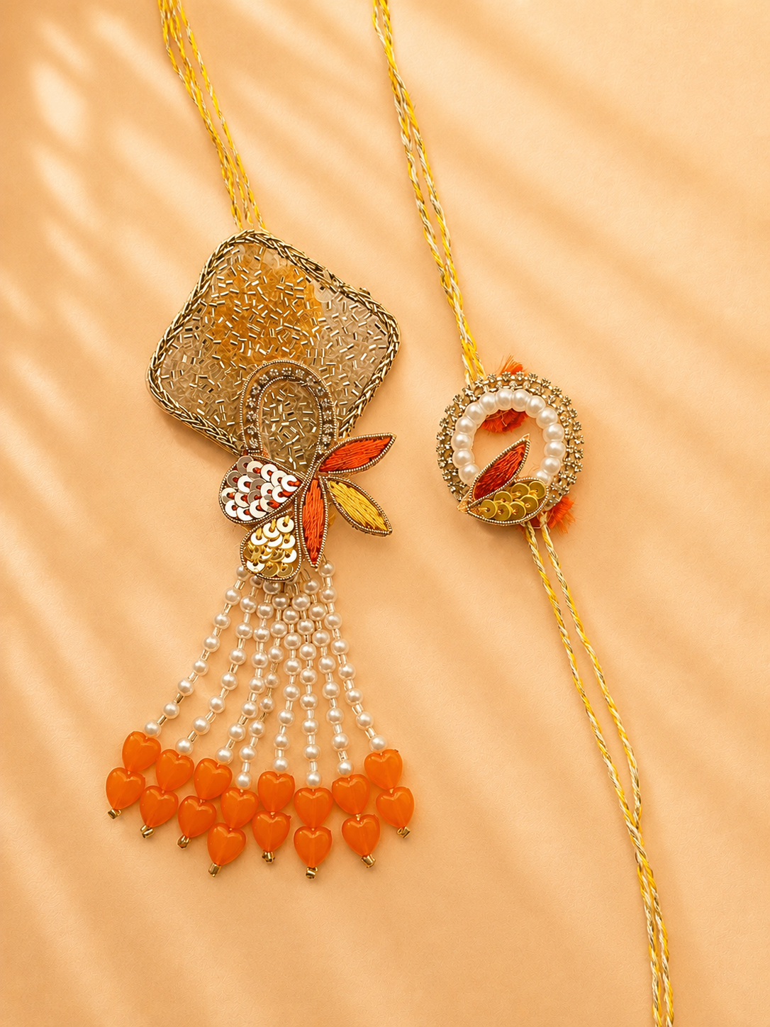 Sunshine Orange and Yellow Handwork Rakhi and Lumba Set For Bhahiya and Bhabhi