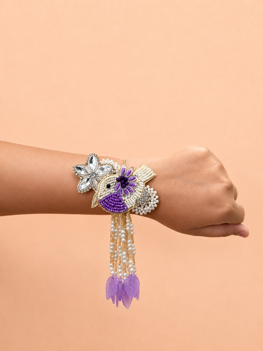 Purple Bird Handwork Lumba Rakhi For Bhabhi and Girls