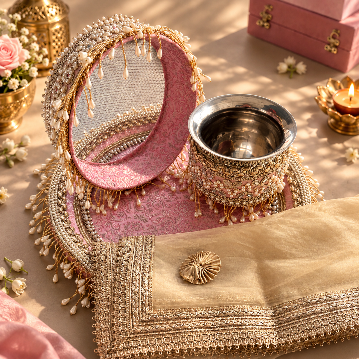 Gul Karwachauth Thaali Set (Thaali, Lota, Channi, Cover up)