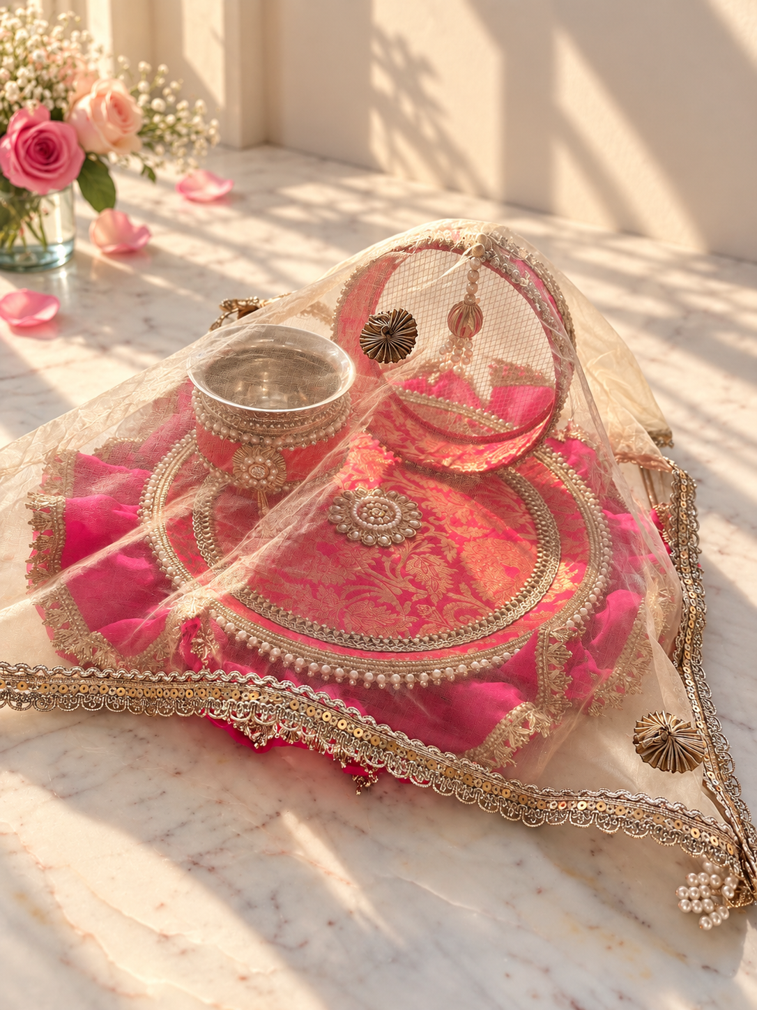 Tyohaar Rani Karwa Chauth Thaali Set of 4 (Thaali, Channi, Lota, Cover Up)