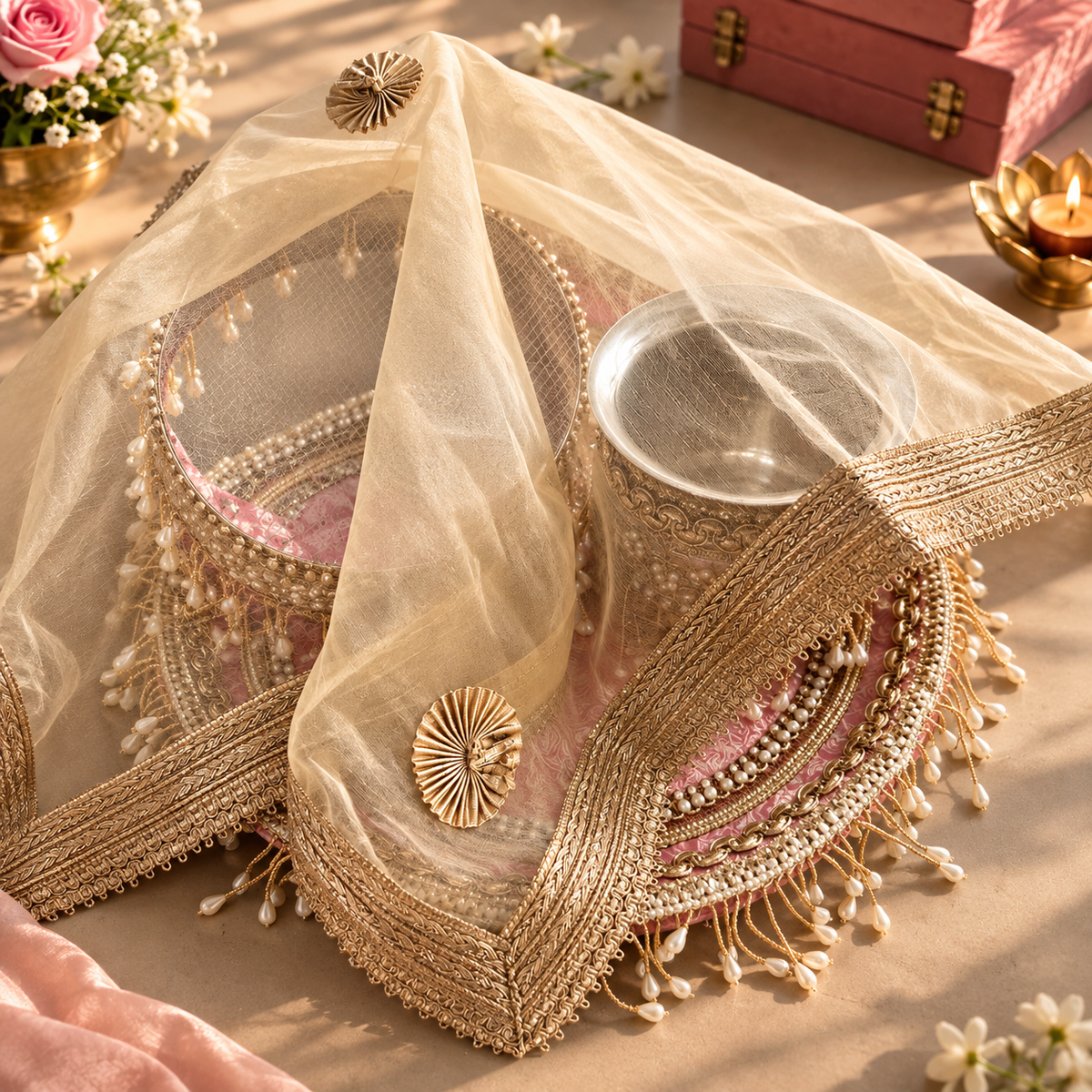 Gul Karwachauth Thaali Set (Thaali, Lota, Channi, Cover up)