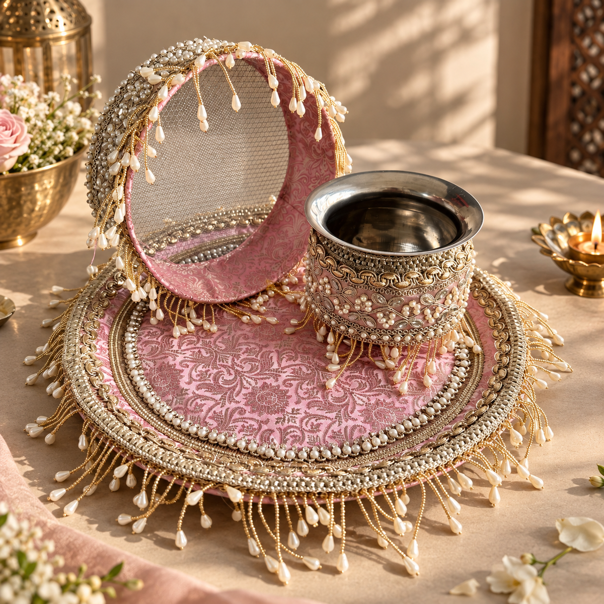 Gul Karwachauth Thaali Set (Thaali, Lota, Channi, Cover up)