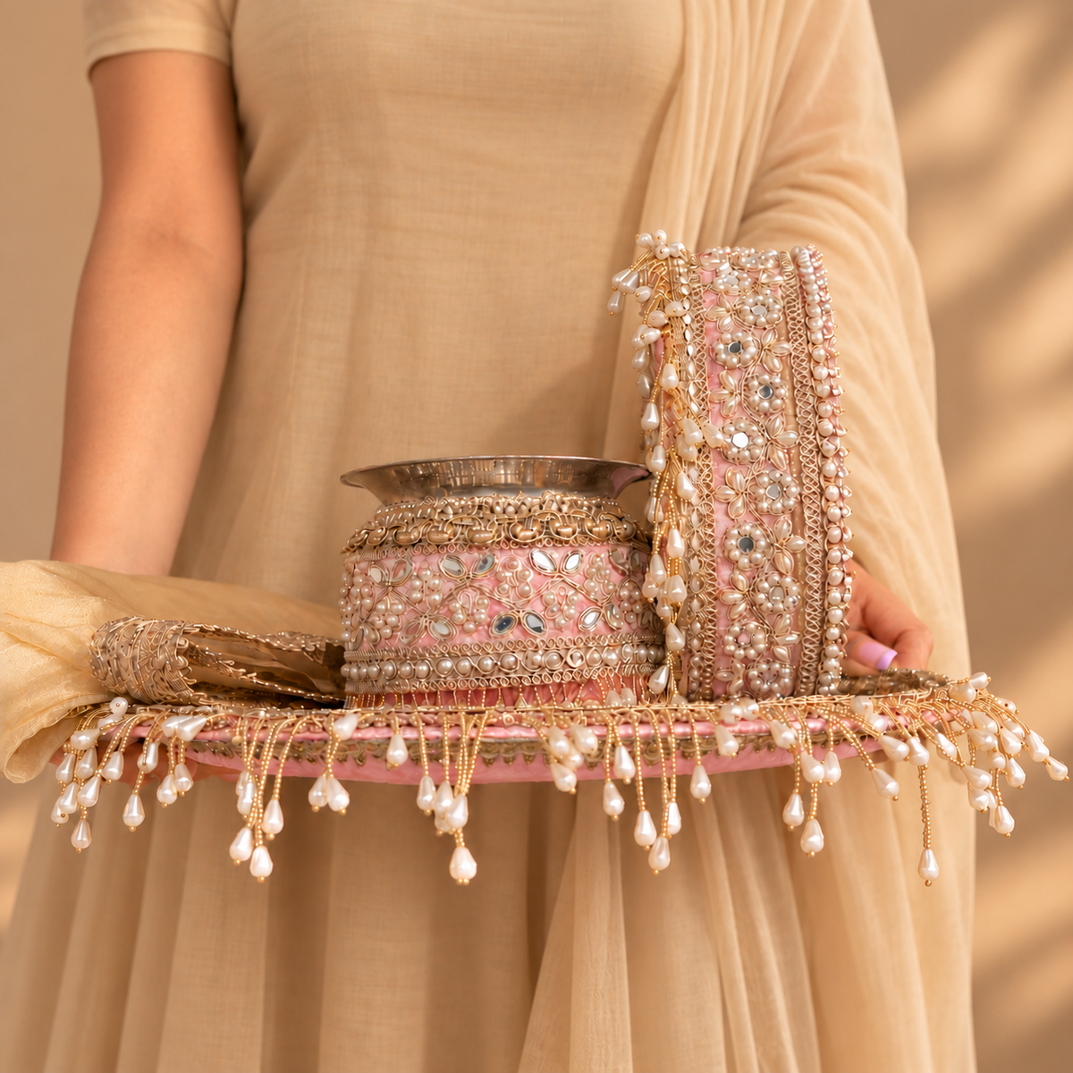 Gul Karwachauth Thaali Set (Thaali, Lota, Channi, Cover up)